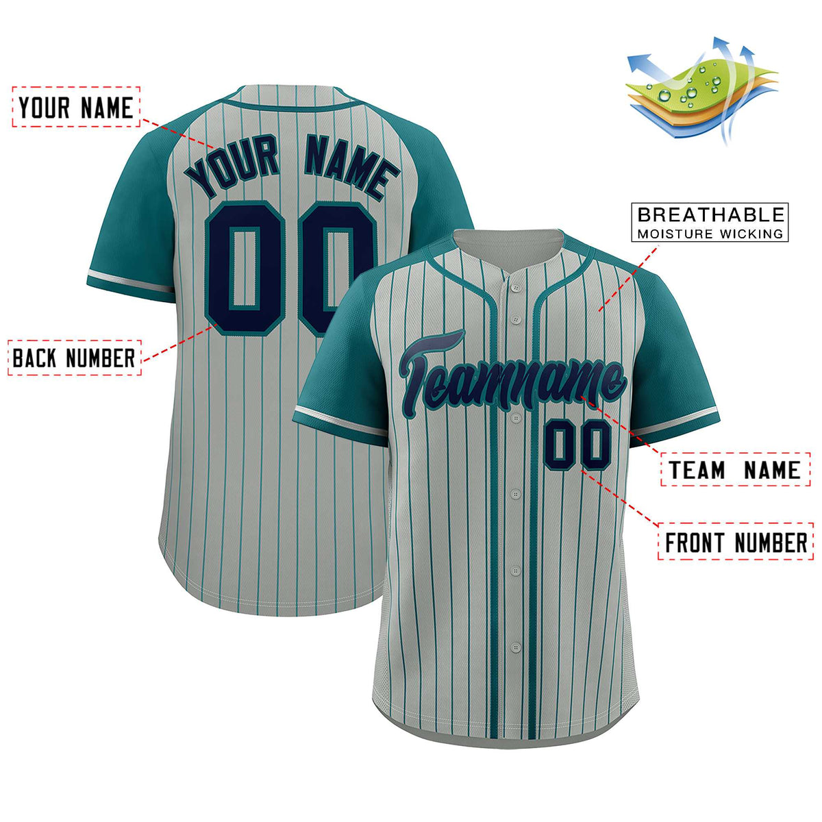 Custom Gray Aqua Stripe Fashion Raglan Sleeves Authentic Baseball Jersey