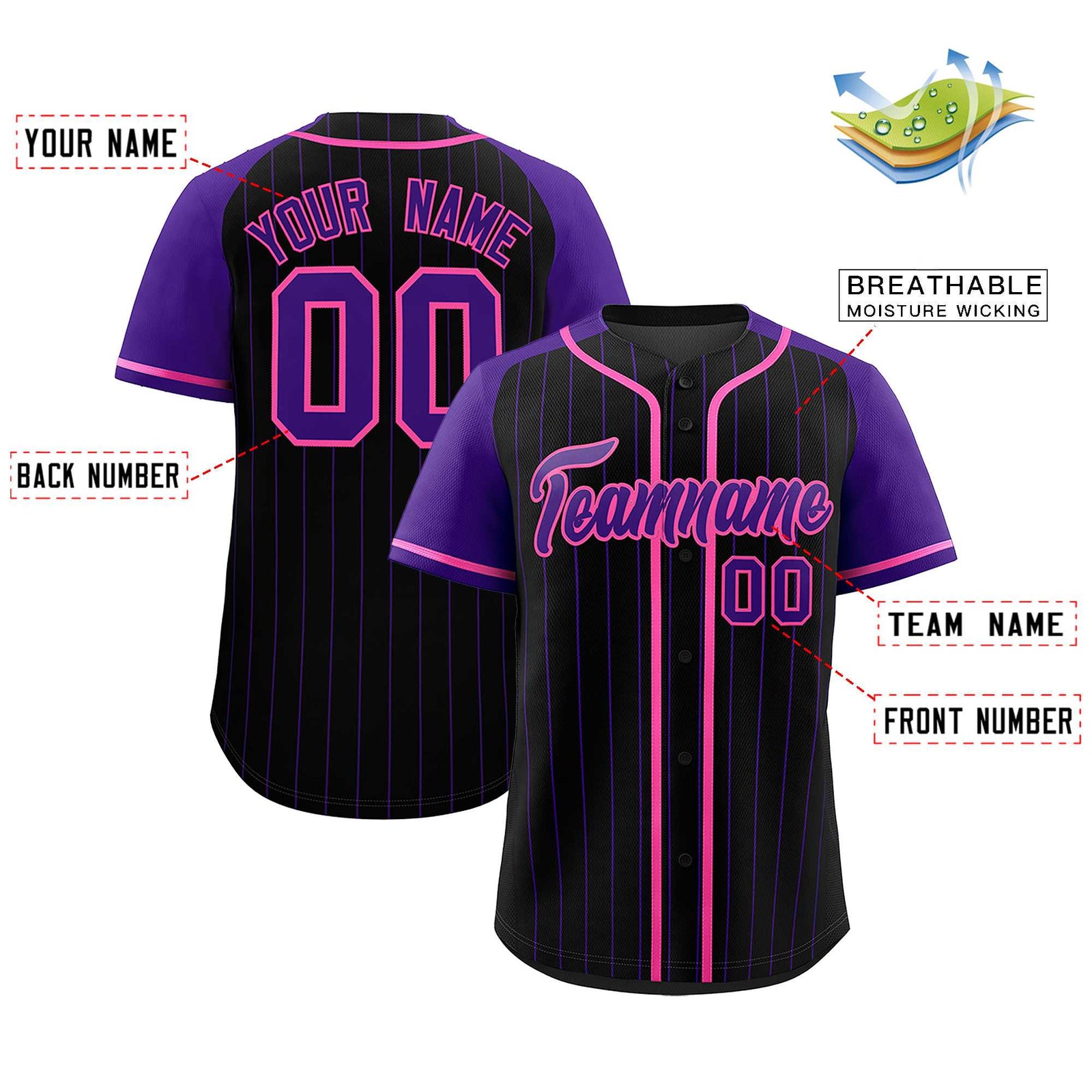 Custom Black Purple Stripe Fashion Raglan Sleeves Authentic Baseball Jersey