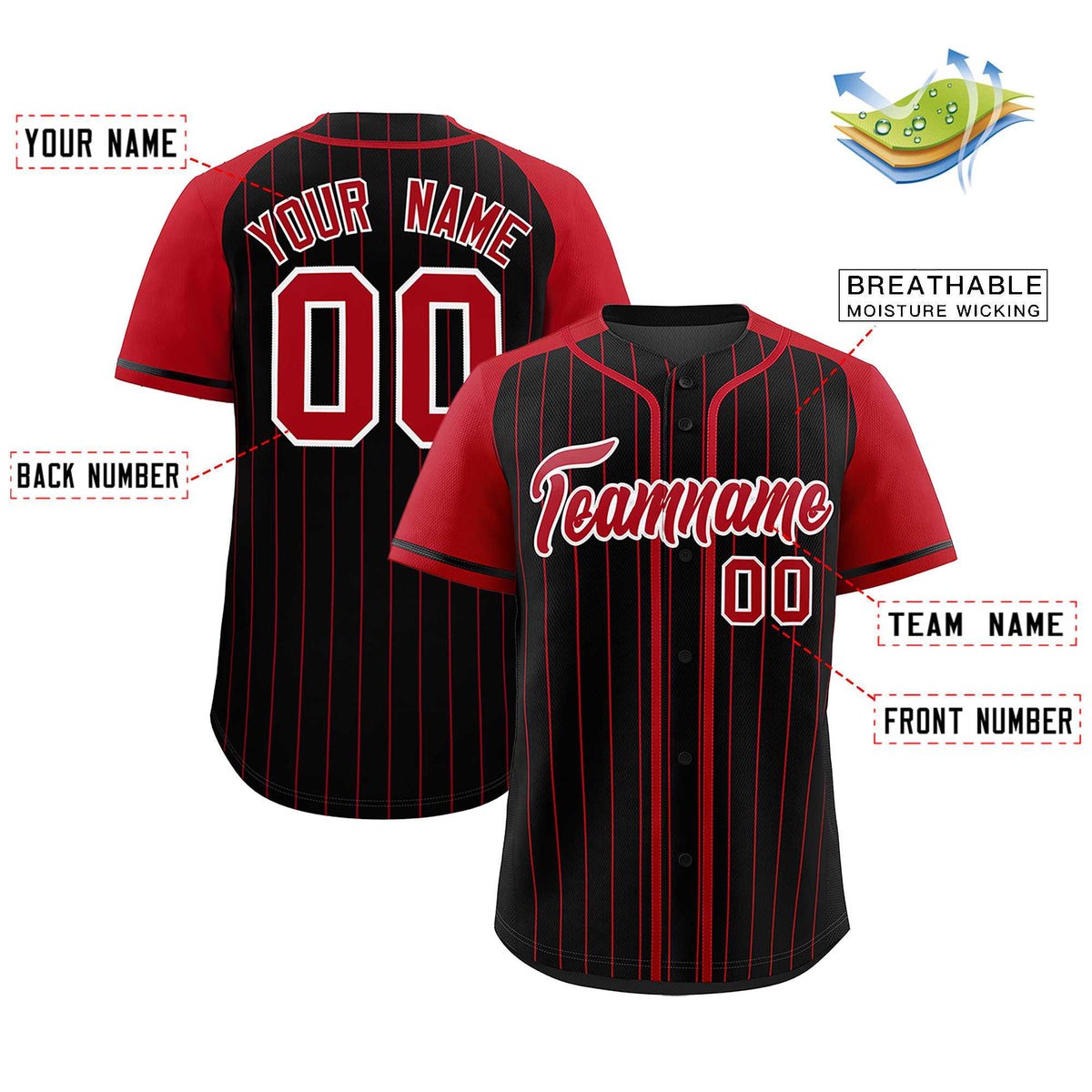 Custom Black Red Stripe Fashion Raglan Sleeves Authentic Baseball Jersey