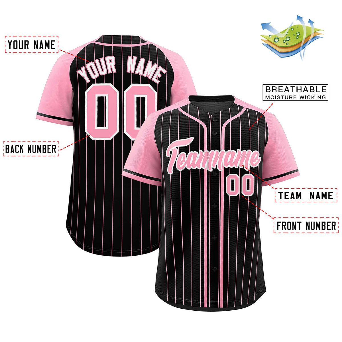 Custom Black Light Pink Stripe Fashion Raglan Sleeves Authentic Baseball Jersey