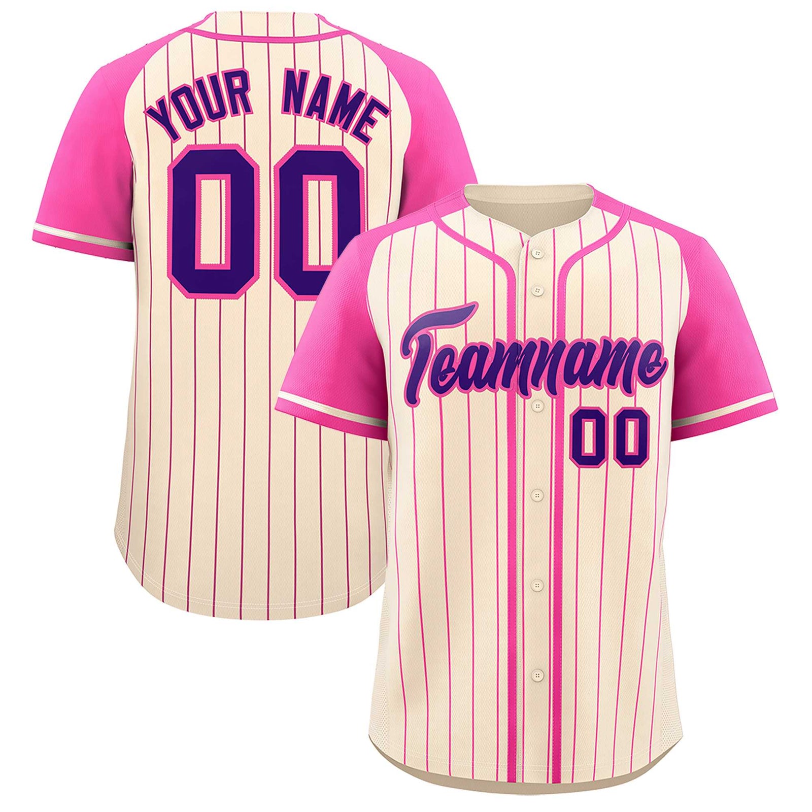 Custom Cream Pink Stripe Fashion Raglan Sleeves Authentic Baseball Jersey