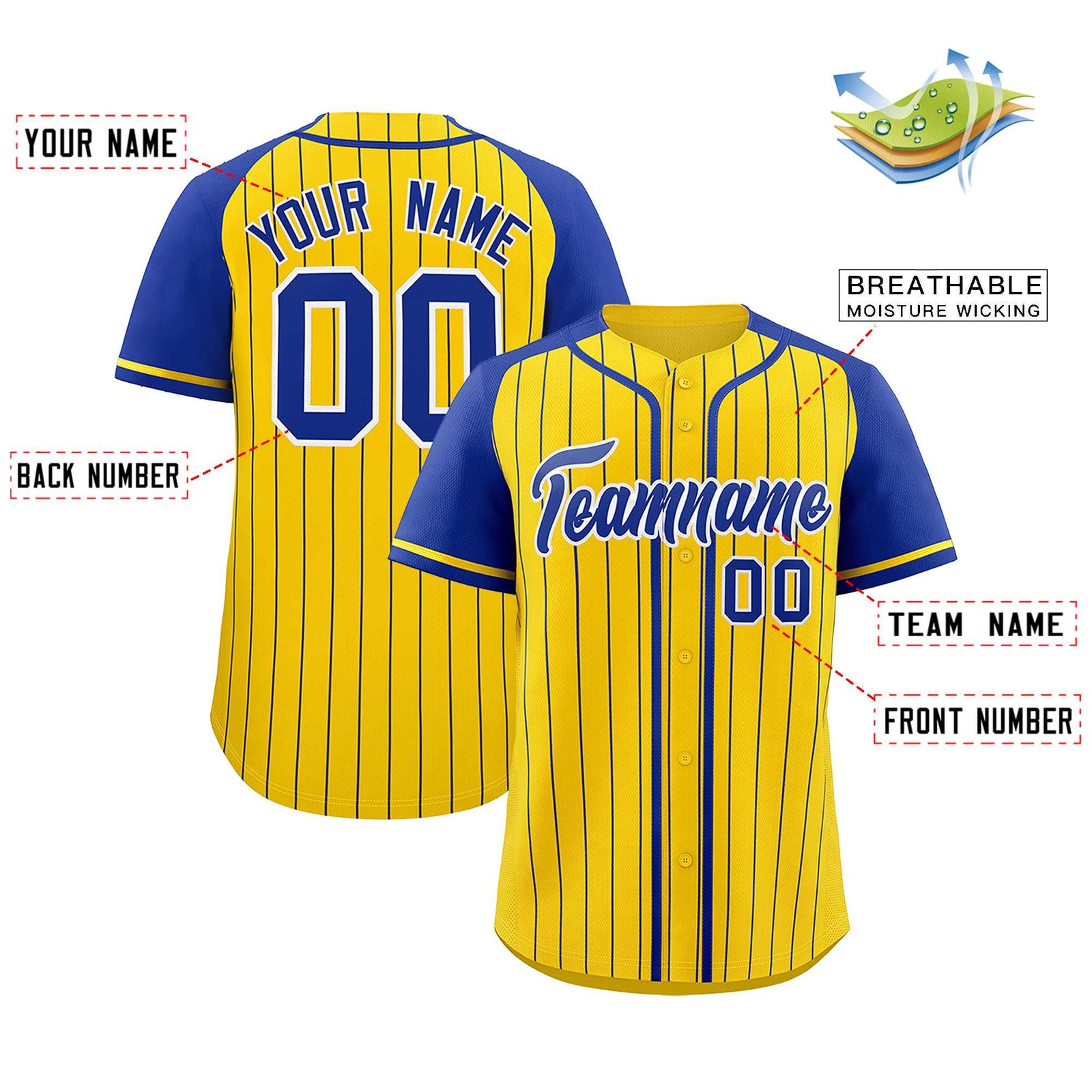 Custom Gold Royal Stripe Fashion Raglan Sleeves Authentic Baseball Jersey