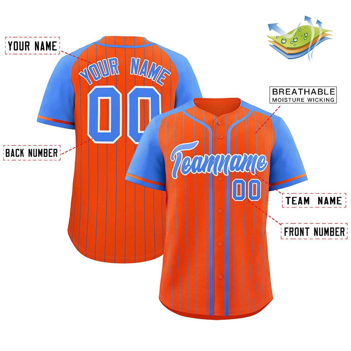 Custom Orange Powder Blue Stripe Fashion Raglan Sleeves Authentic Baseball Jersey