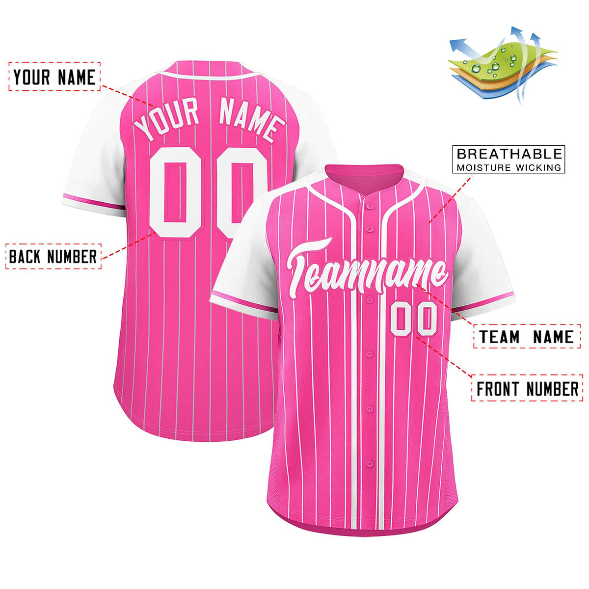 Custom Pink White Stripe Fashion Raglan Sleeves Authentic Baseball Jersey