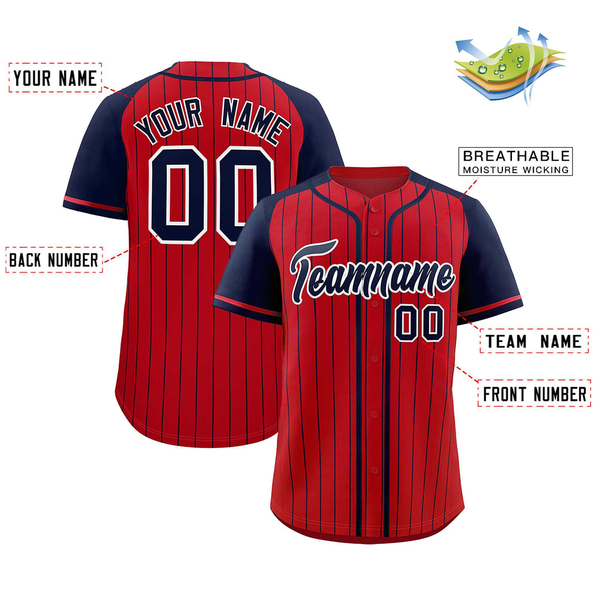 Custom Red Navy Stripe Fashion Raglan Sleeves Authentic Baseball Jersey