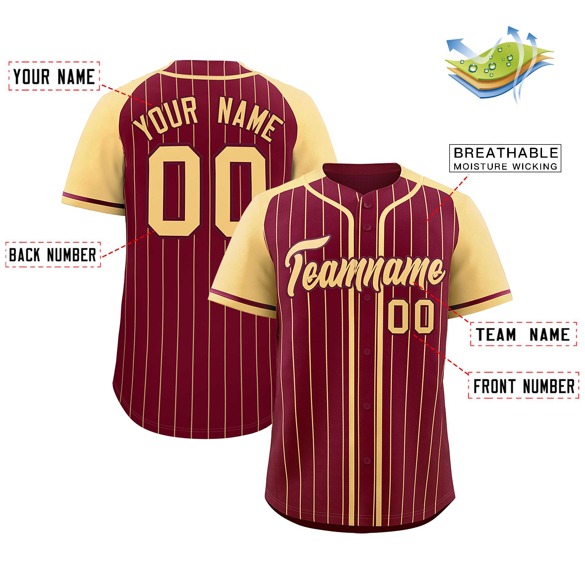 Custom Crimson Khaki Stripe Fashion Raglan Sleeves Authentic Baseball Jersey