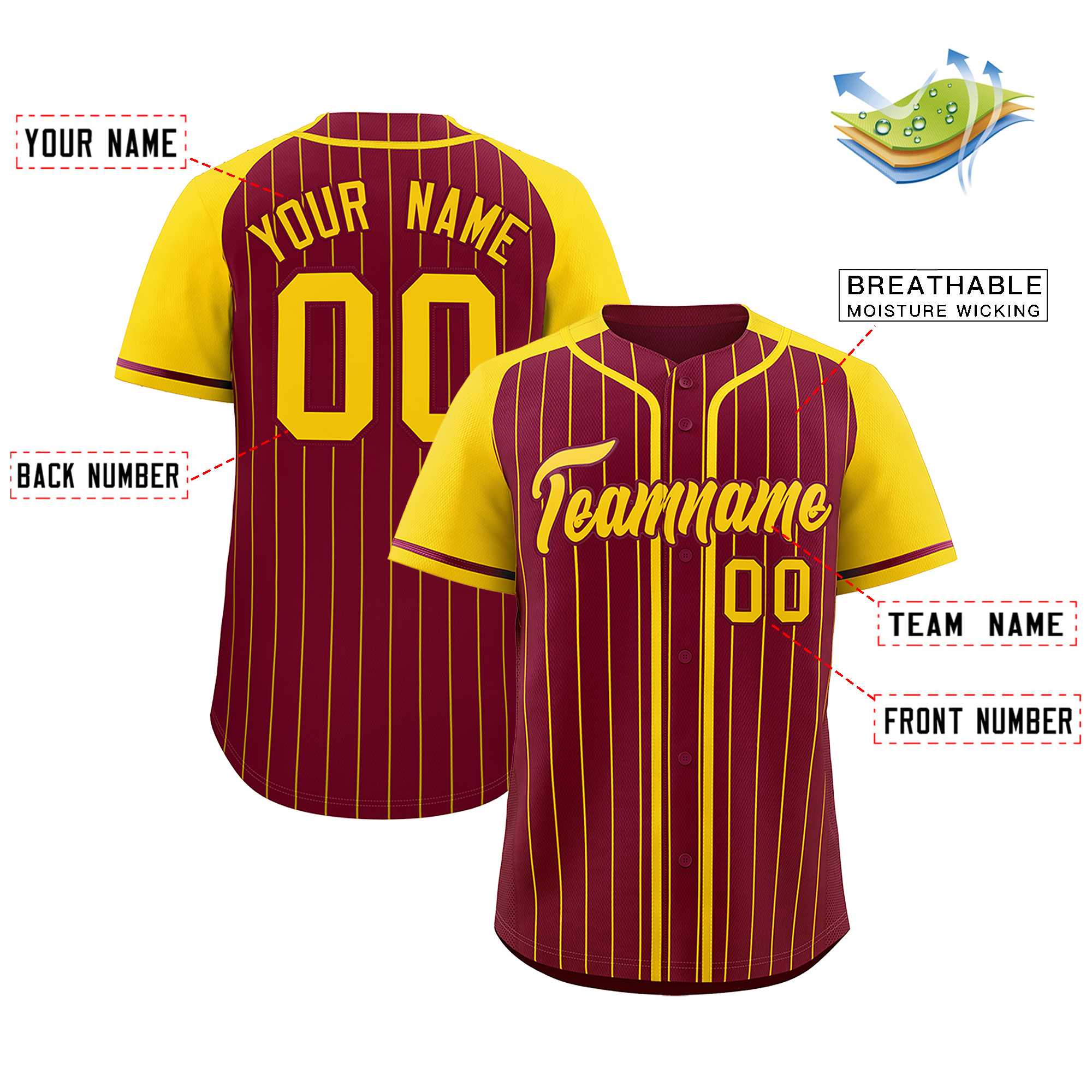 Custom Crimson Gold Stripe Fashion Raglan Sleeves Authentic Baseball Jersey