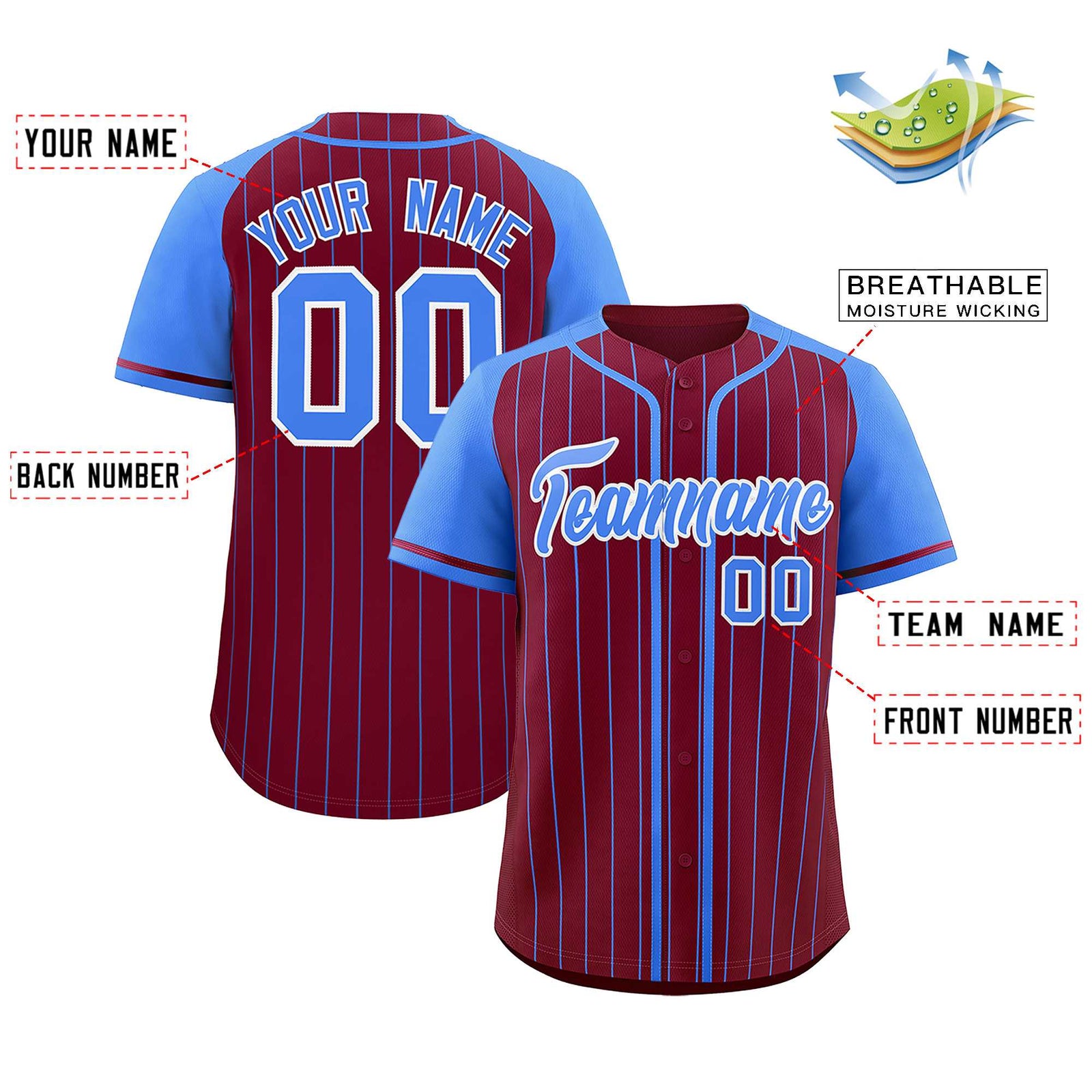 Custom Crimson Powder Blue Stripe Fashion Raglan Sleeves Authentic Baseball Jersey