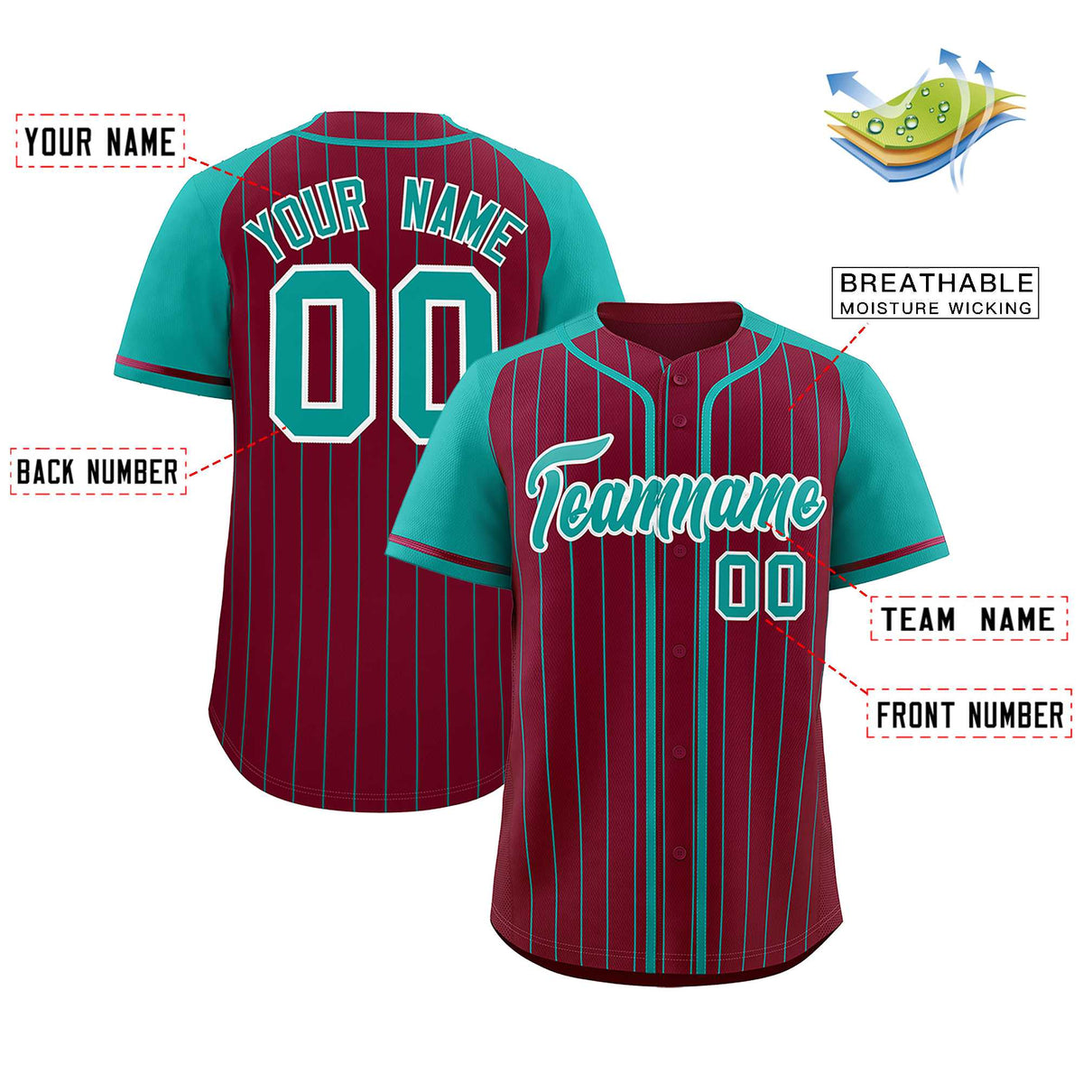 Custom Crimson Aqua Stripe Fashion Raglan Sleeves Authentic Baseball Jersey