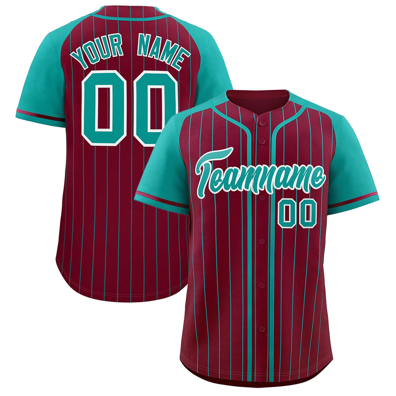 Custom Crimson Aqua Stripe Fashion Raglan Sleeves Authentic Baseball Jersey