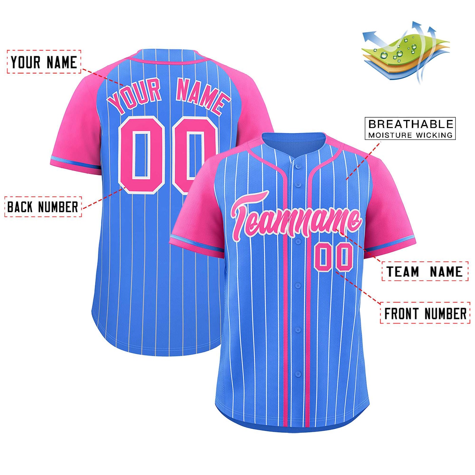 Custom Powder Blue Pink Stripe Fashion Raglan Sleeves Authentic Baseball Jersey