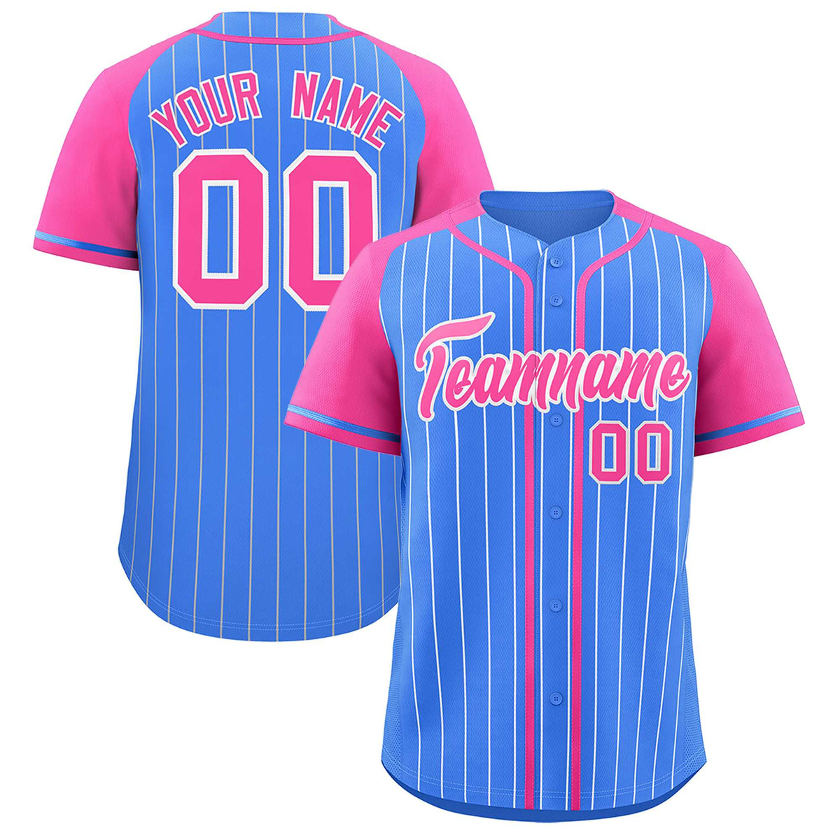 Custom Powder Blue Pink Stripe Fashion Raglan Sleeves Authentic Baseball Jersey
