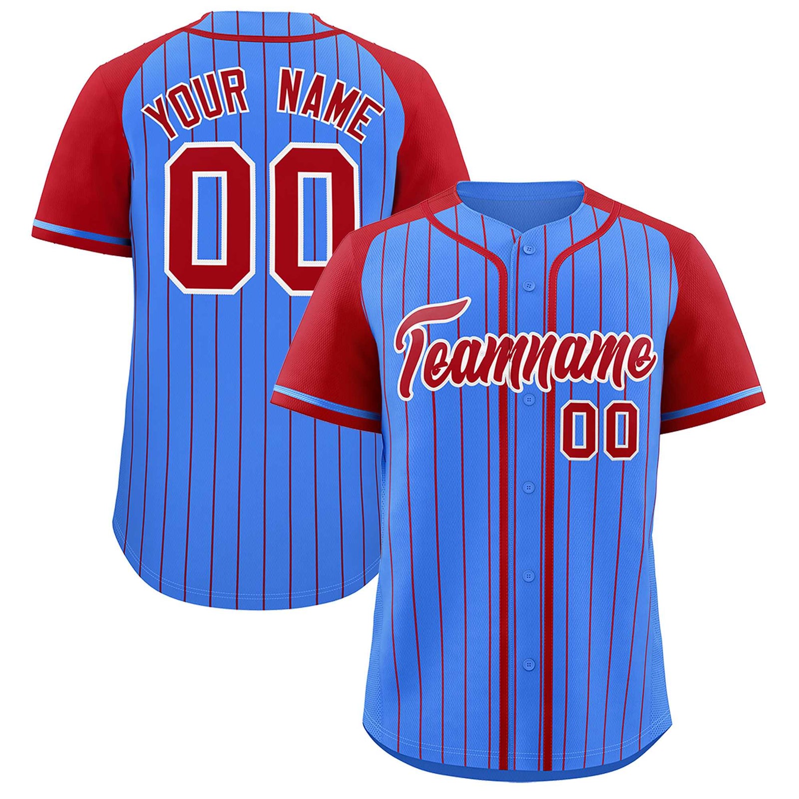 Custom Powder Blue Red Stripe Fashion Raglan Sleeves Authentic Baseball Jersey