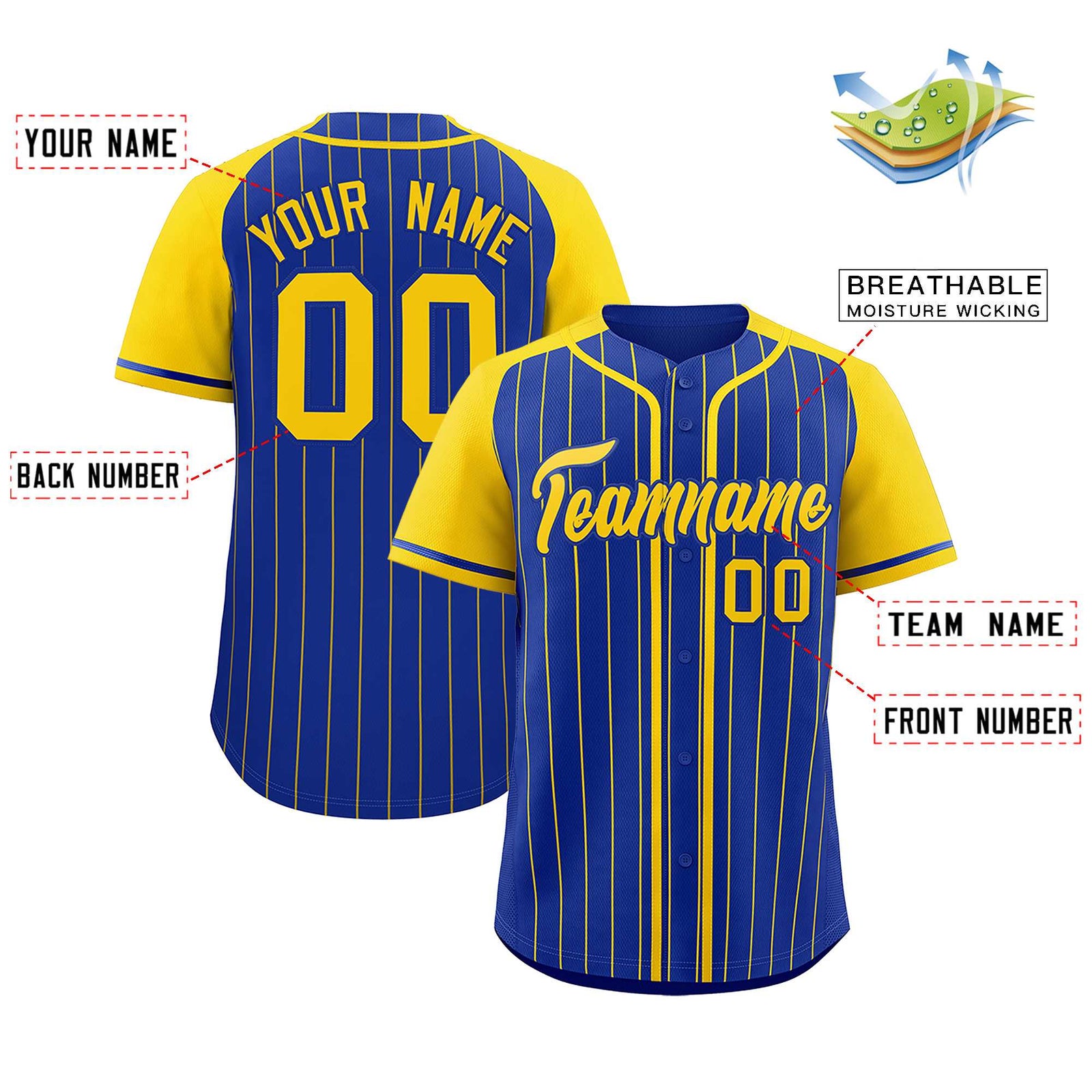 Custom Royal Gold Stripe Fashion Raglan Sleeves Authentic Baseball Jersey
