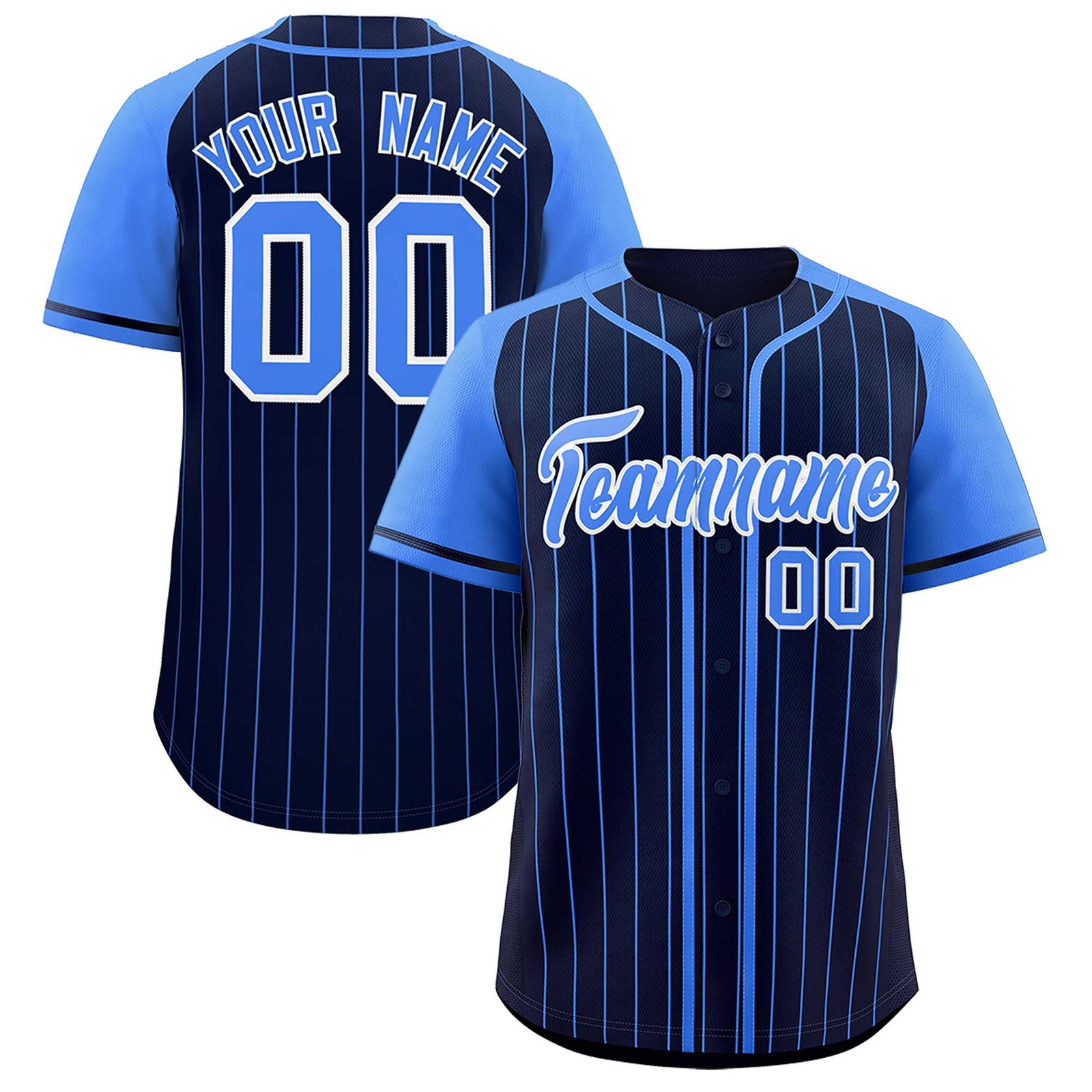 Custom Navy Powder Blue Stripe Fashion Raglan Sleeves Authentic Baseball Jersey