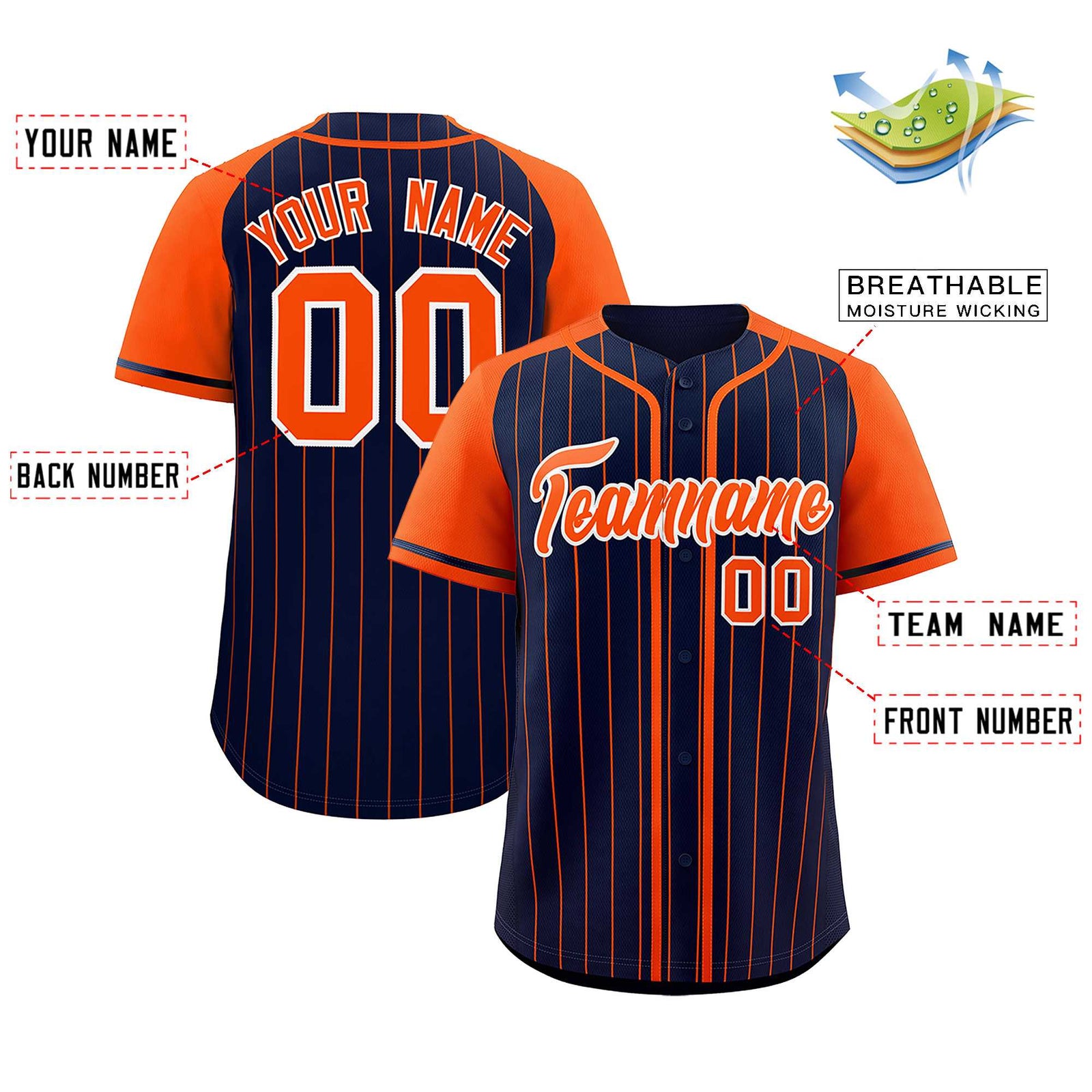Custom Navy Orange Stripe Fashion Raglan Sleeves Authentic Baseball Jersey