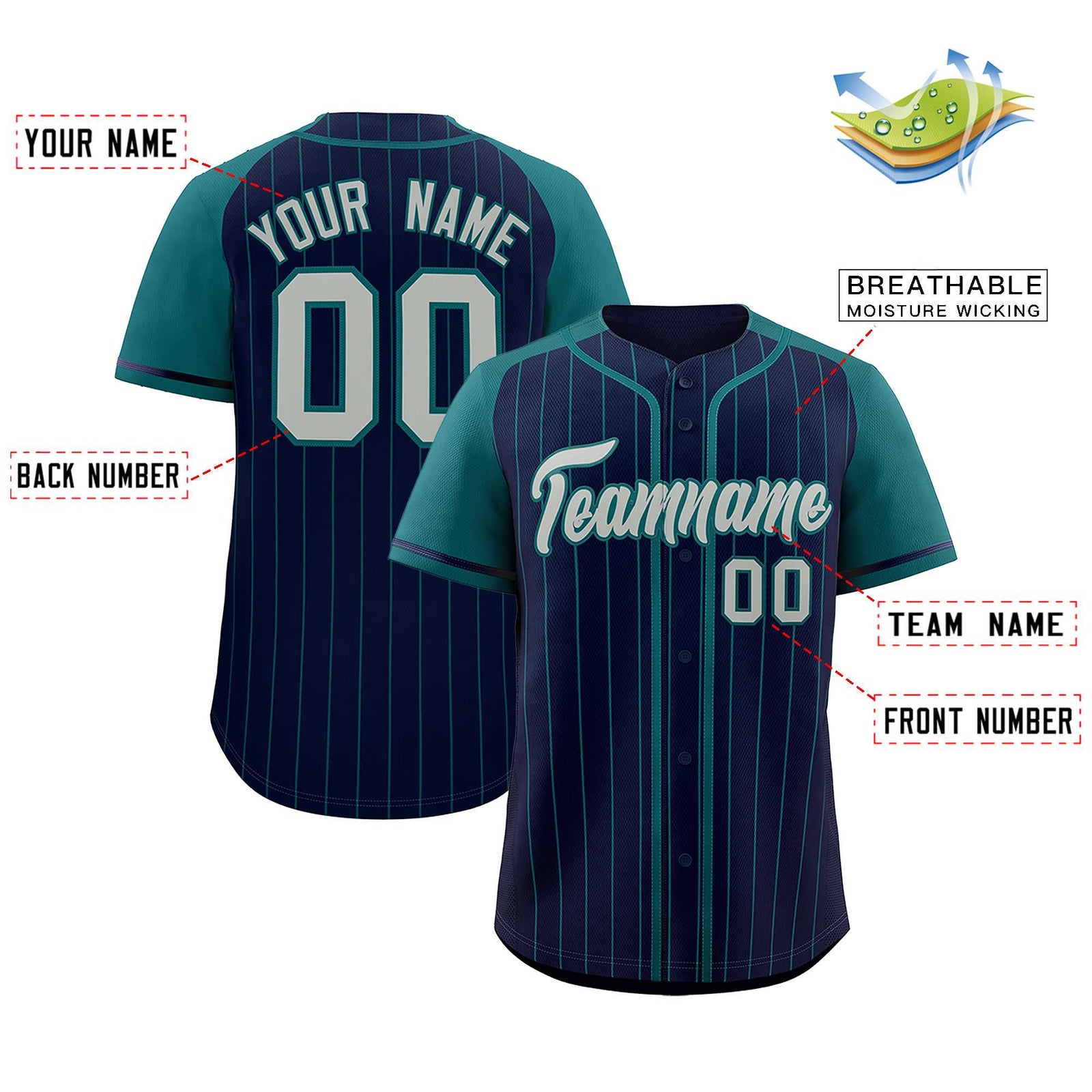 Custom Navy Aqua Stripe Fashion Raglan Sleeves Authentic Baseball Jersey