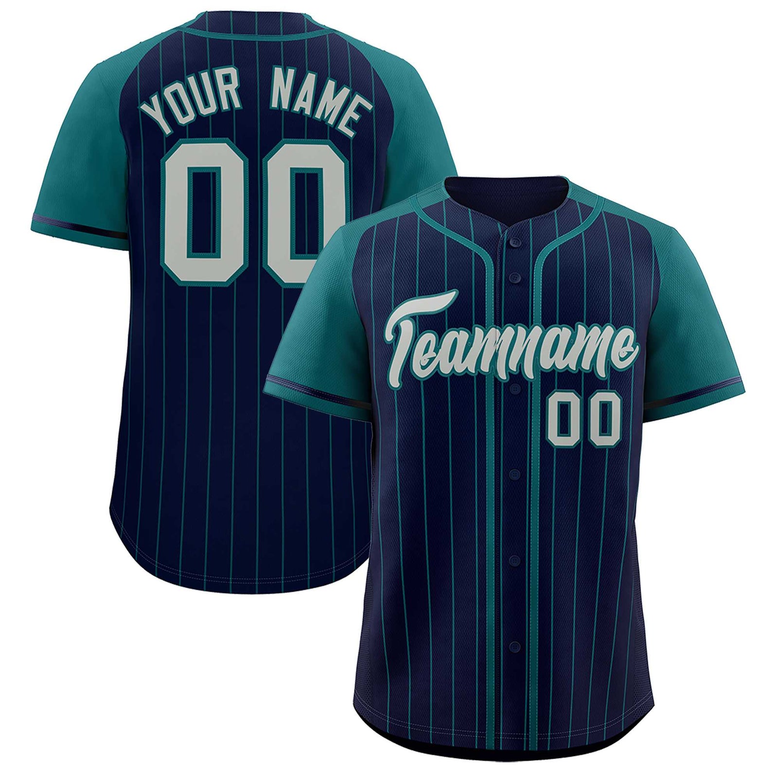 Custom Navy Aqua Stripe Fashion Raglan Sleeves Authentic Baseball Jersey