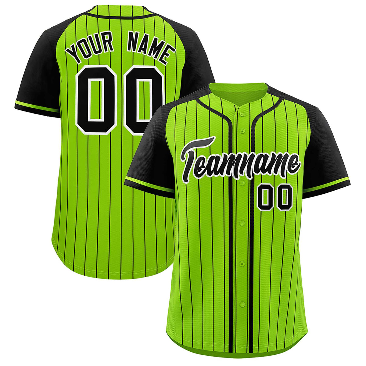 Custom Neon Green Black Stripe Fashion Raglan Sleeves Authentic Baseball Jersey