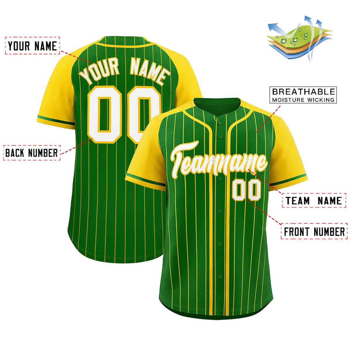 Custom Kelly Green Gold Stripe Fashion Raglan Sleeves Authentic Baseball Jersey