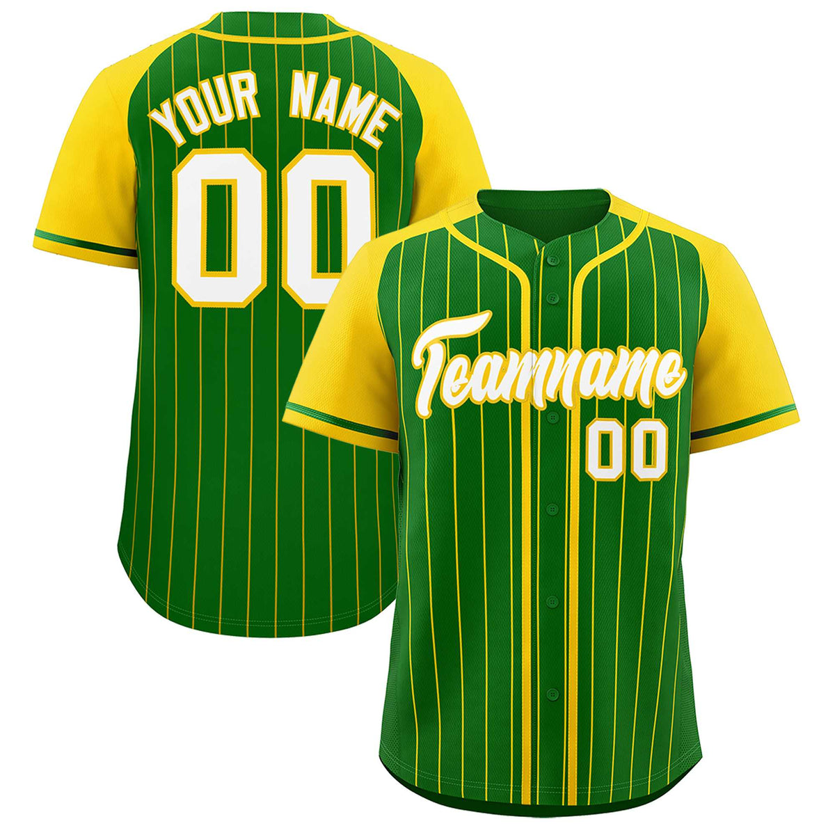 Custom Kelly Green Gold Stripe Fashion Raglan Sleeves Authentic Baseball Jersey