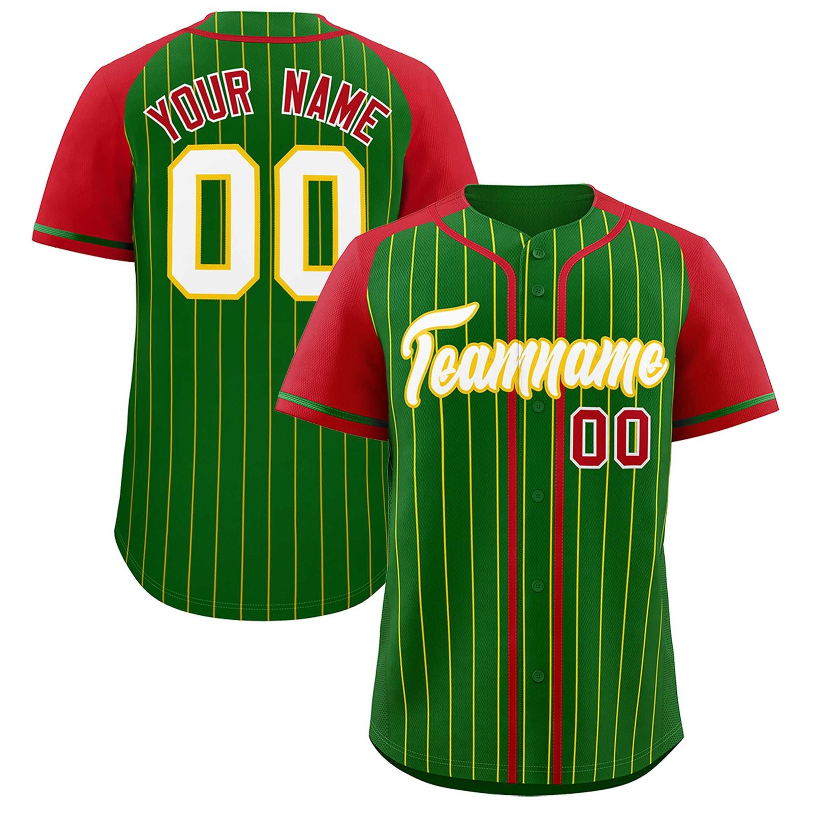 Custom Kelly Green Red Stripe Fashion Raglan Sleeves Authentic Baseball Jersey
