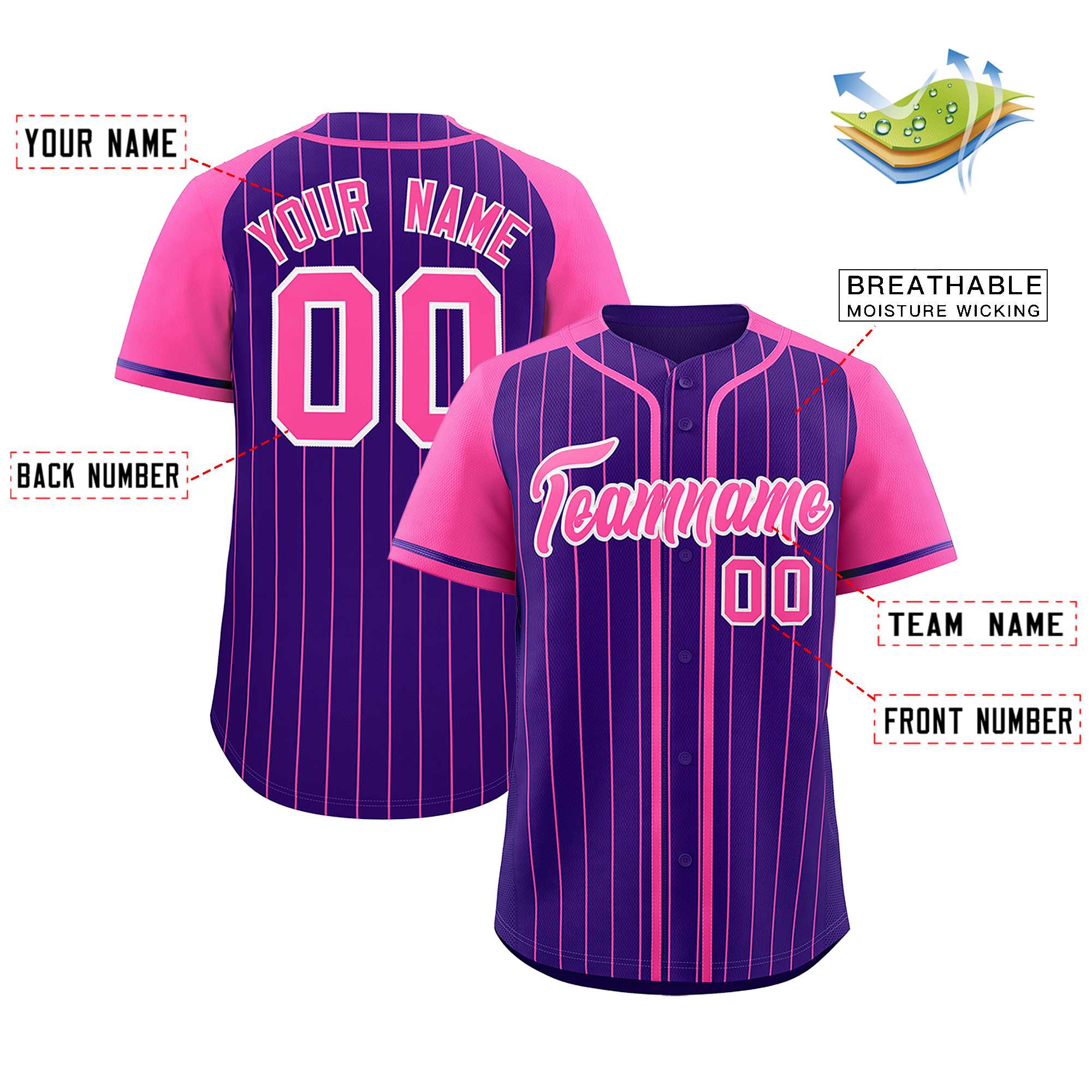 Custom Purple Pink Stripe Fashion Raglan Sleeves Authentic Baseball Jersey