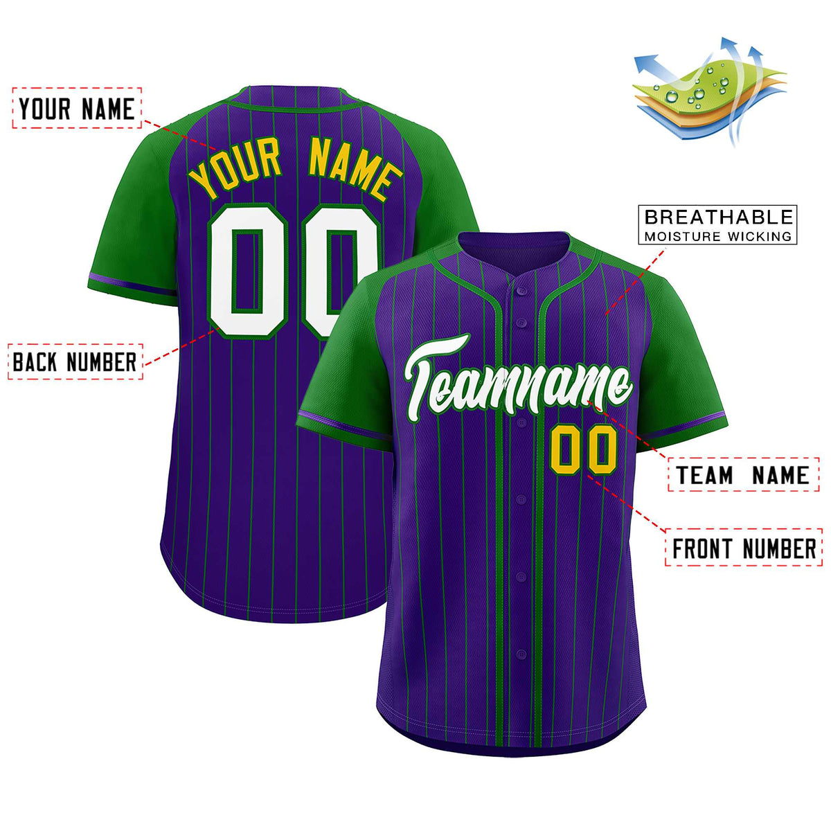 Custom Purple Kelly Green Stripe Fashion Raglan Sleeves Authentic Baseball Jersey