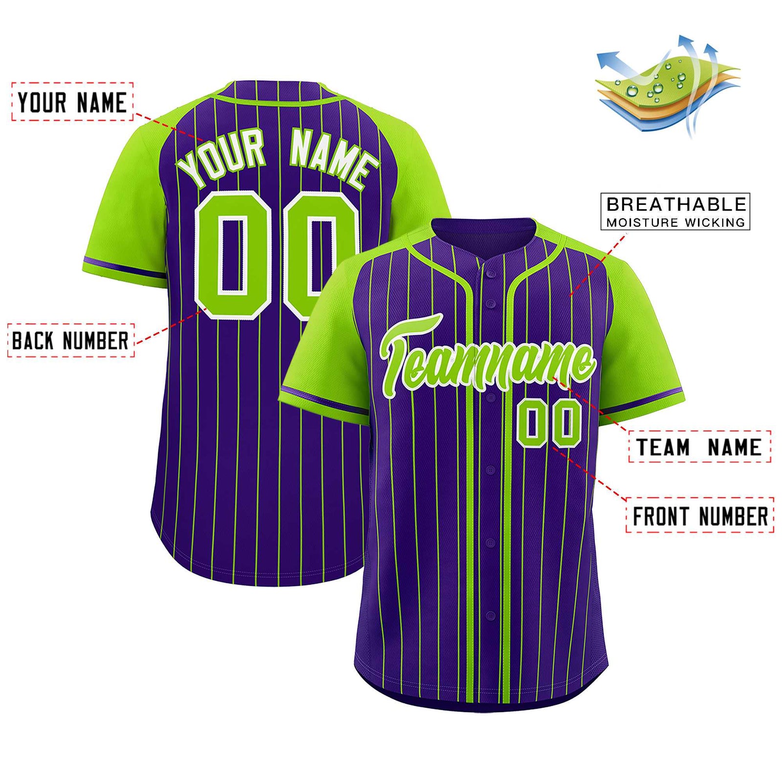 Custom Purple Neon Green Stripe Fashion Raglan Sleeves Authentic Baseball Jersey