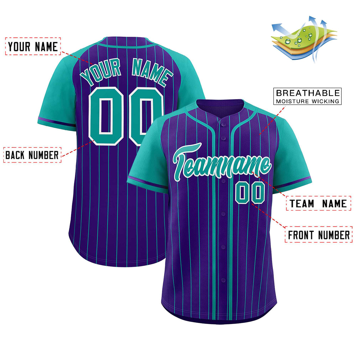 Custom Purple Aqua Stripe Fashion Raglan Sleeves Authentic Baseball Jersey