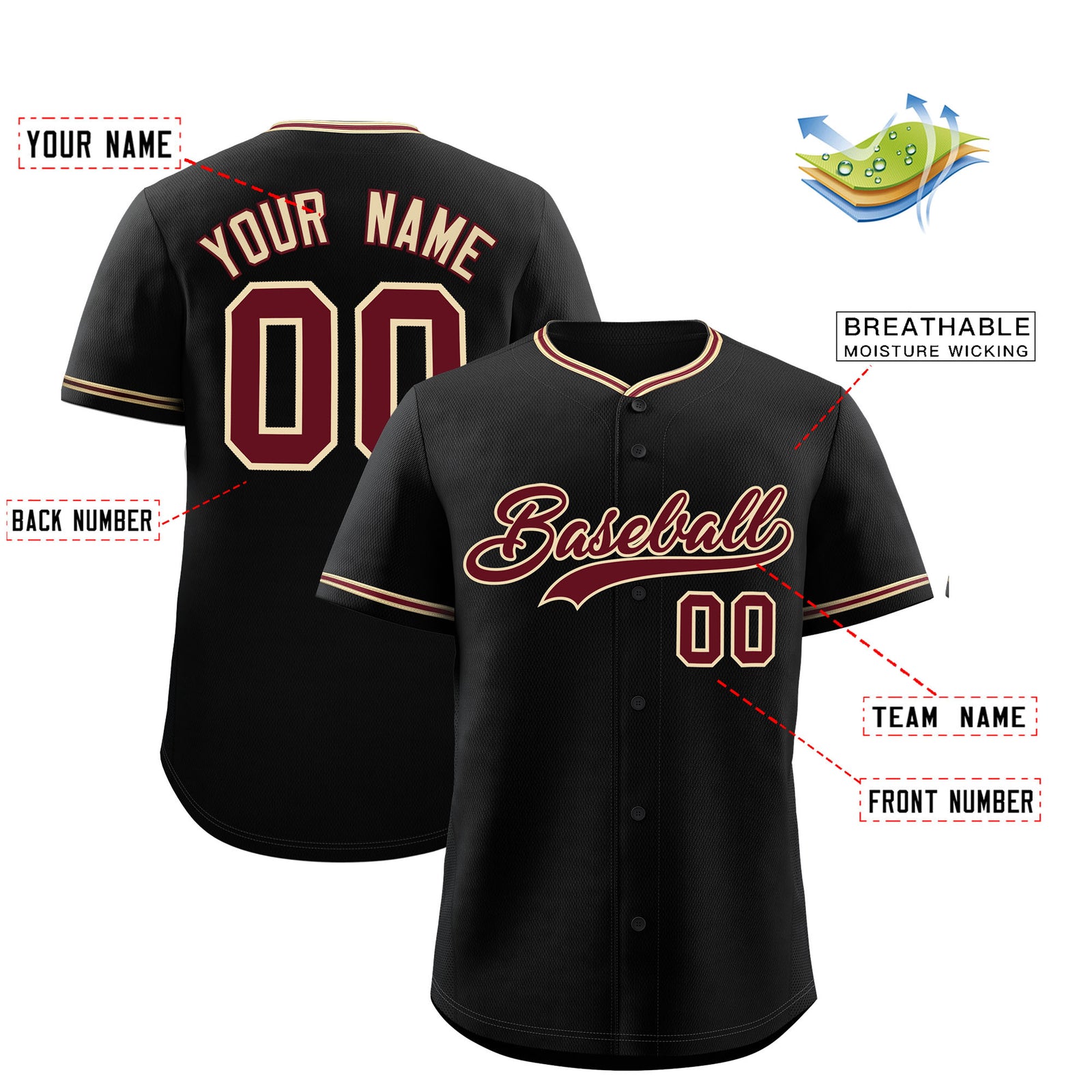 Custom Black Crimson-Khaki Classic Personalized Baseball Sports Uniform