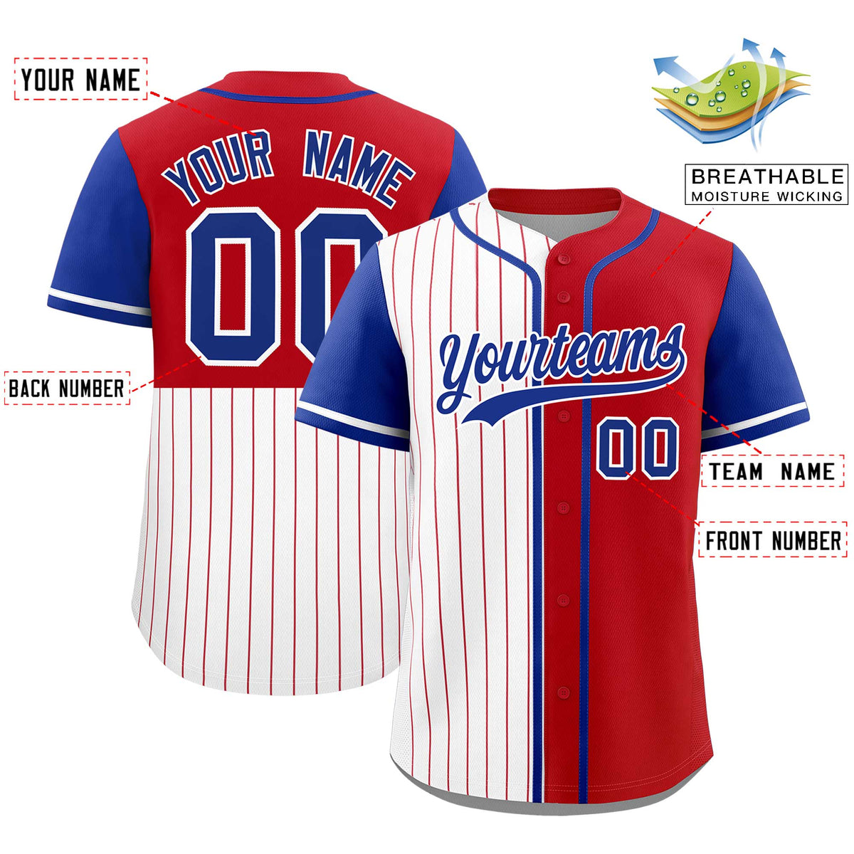 Custom White Red and Royal Pinstripe Personalized Raglan Sleeves Authentic Baseball Jersey