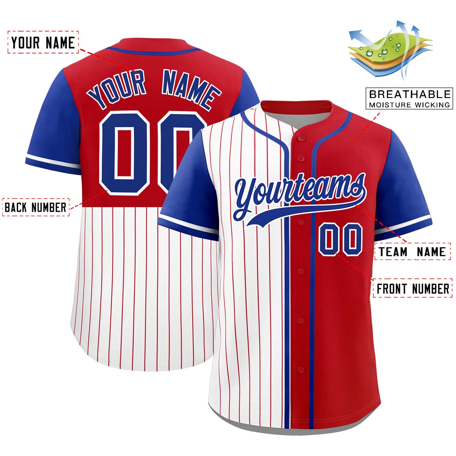 Custom White Red and Royal Pinstripe Personalized Raglan Sleeves Authentic Baseball Jersey
