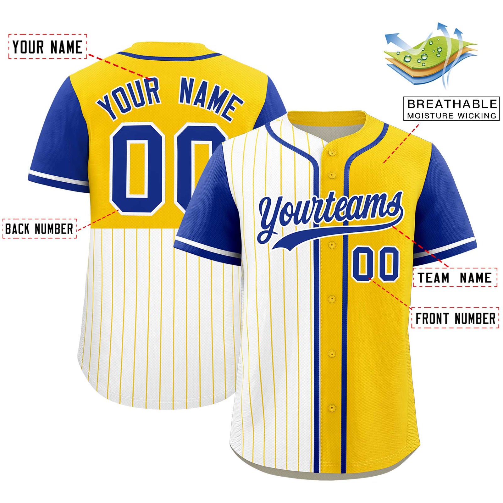 Custom White Gold and Royal Pinstripe Personalized Raglan Sleeves Authentic Baseball Jersey