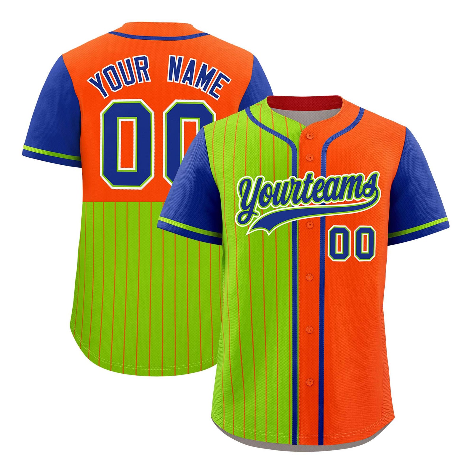 Custom Neon Green Orange and Royal Pinstripe Personalized Raglan Sleeves Authentic Baseball Jersey