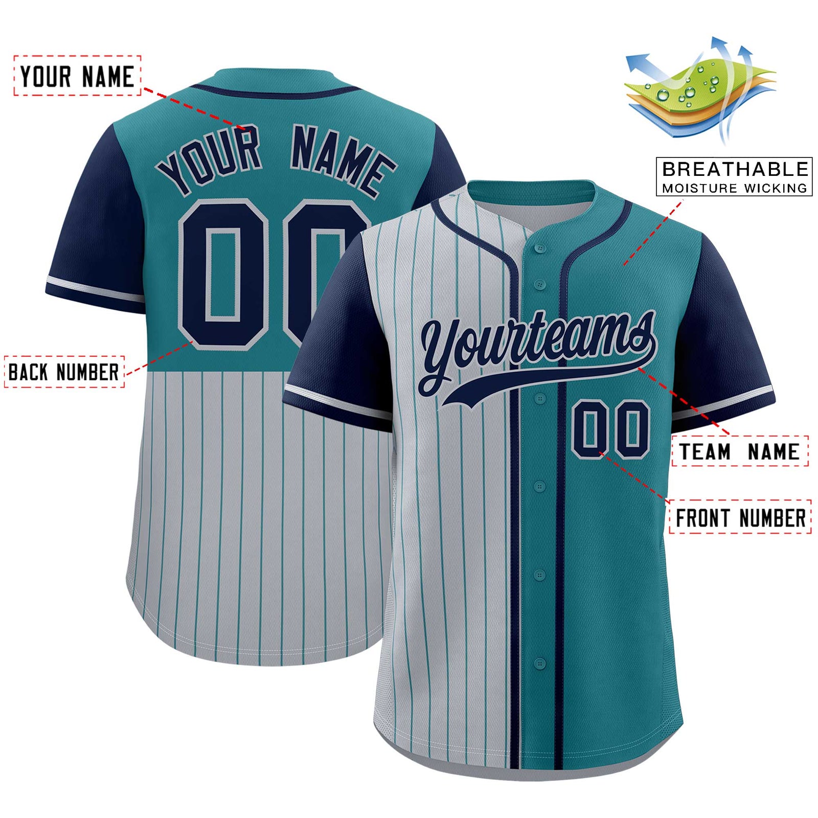 Custom Gray Teal and Navy Pinstripe Personalized Raglan Sleeves Authentic Baseball Jersey