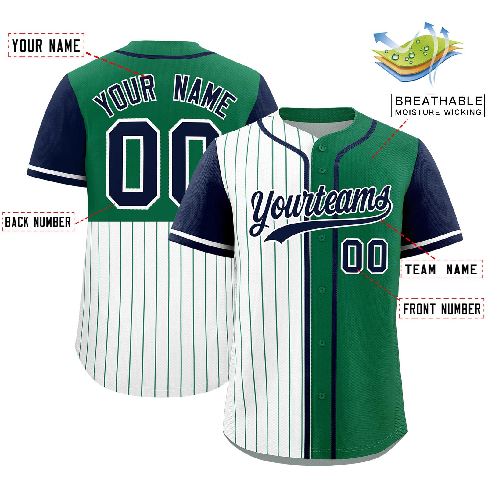 Custom White Kelly Green and Navy Pinstripe Personalized Raglan Sleeves Authentic Baseball Jersey
