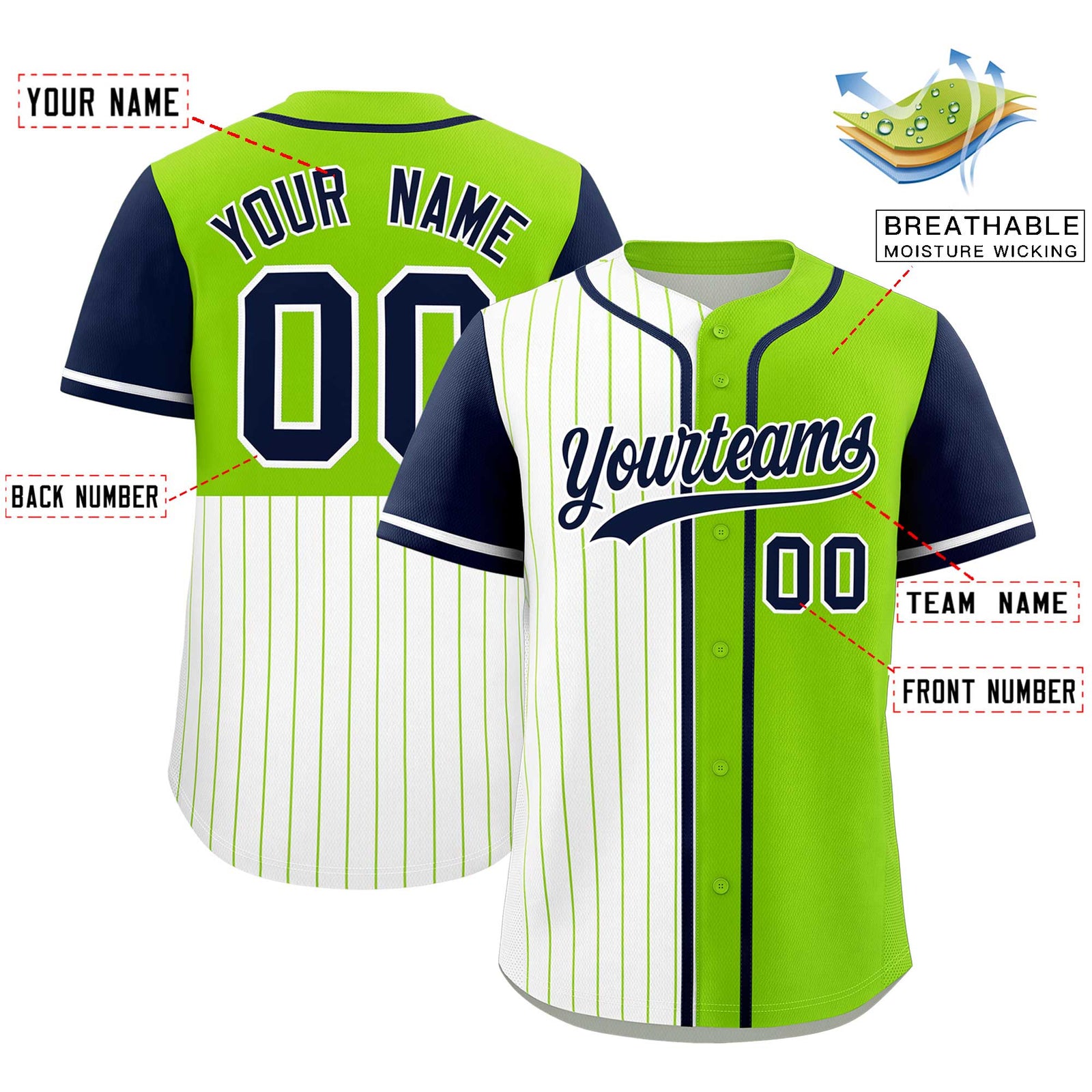 Custom White Neon Green and Navy Pinstripe Personalized Raglan Sleeves Authentic Baseball Jersey
