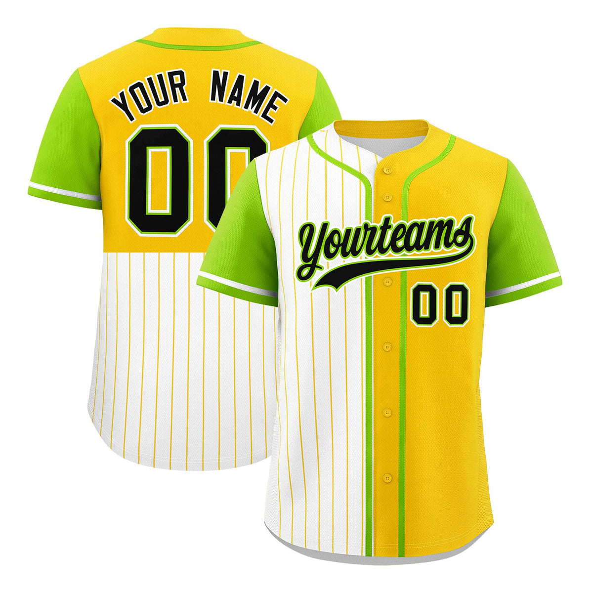 Custom White Gold and Neon Green Pinstripe Personalized Raglan Sleeves Authentic Baseball Jersey