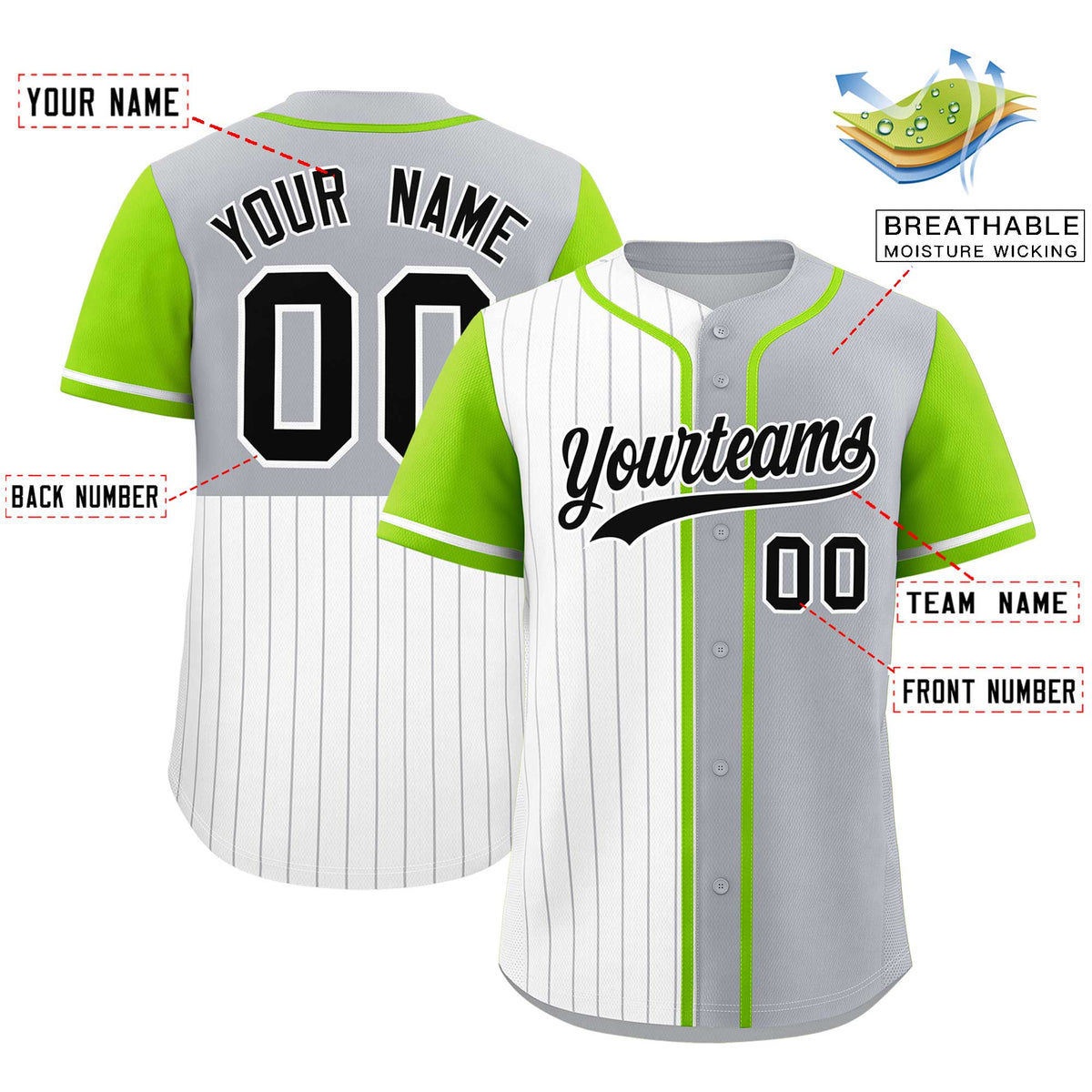 Custom White Gray and Neon Green Pinstripe Personalized Raglan Sleeves Authentic Baseball Jersey