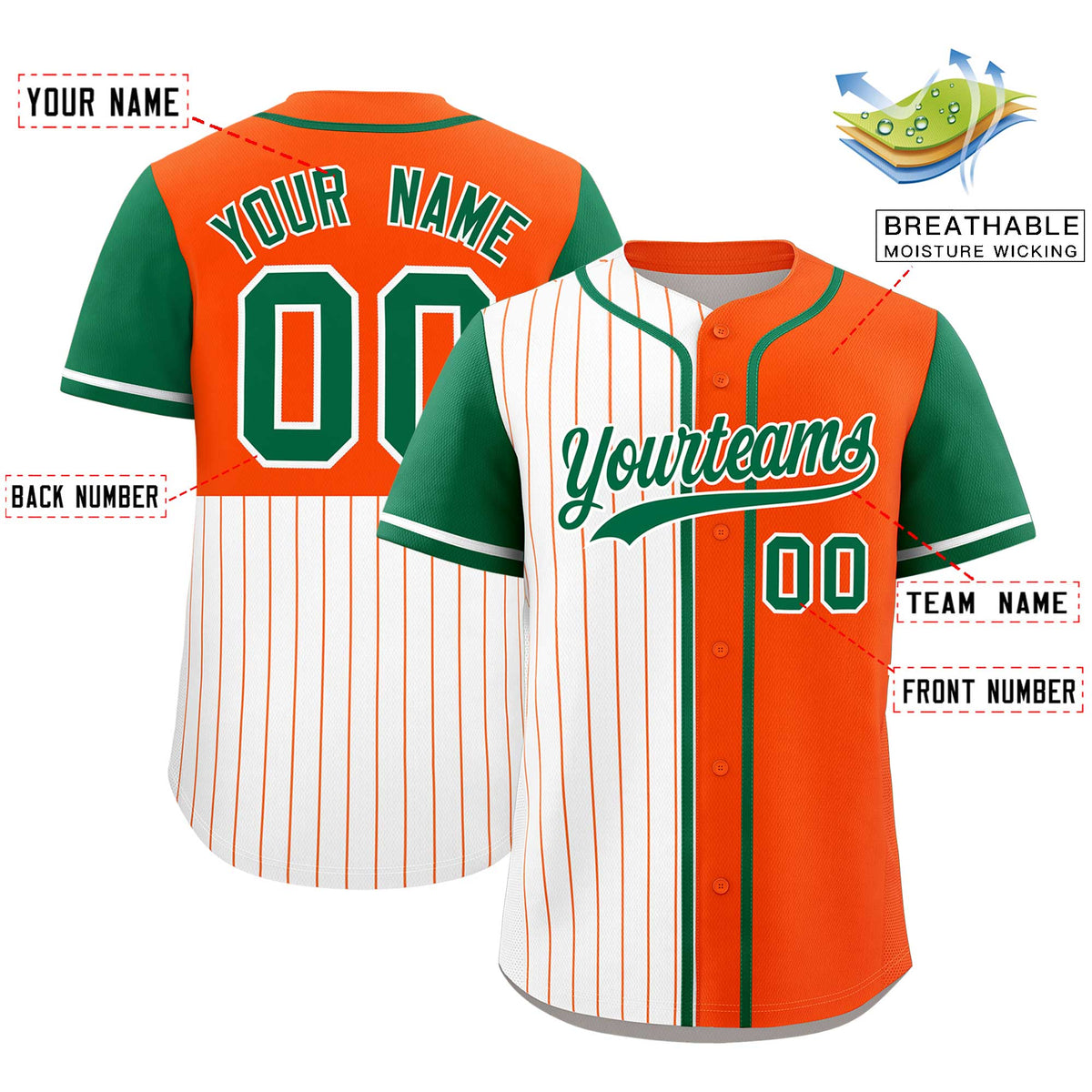 Custom White Orange and Kelly Green Pinstripe Personalized Raglan Sleeves Authentic Baseball Jersey