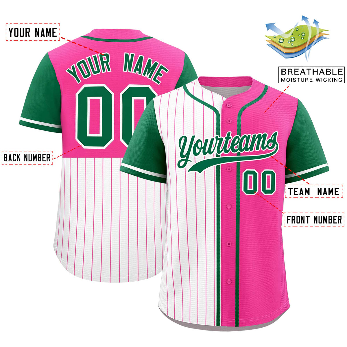 Custom White Pink and Kelly Green Pinstripe Personalized Raglan Sleeves Authentic Baseball Jersey