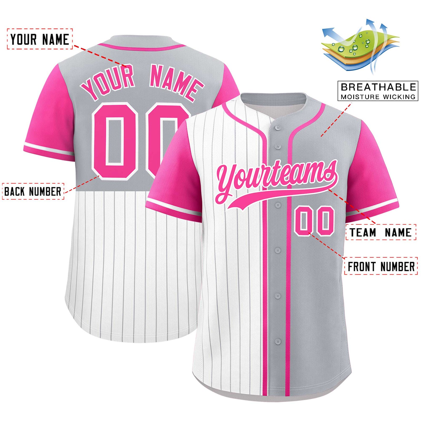 Custom White Gray and Pink Pinstripe Personalized Raglan Sleeves Authentic Baseball Jersey