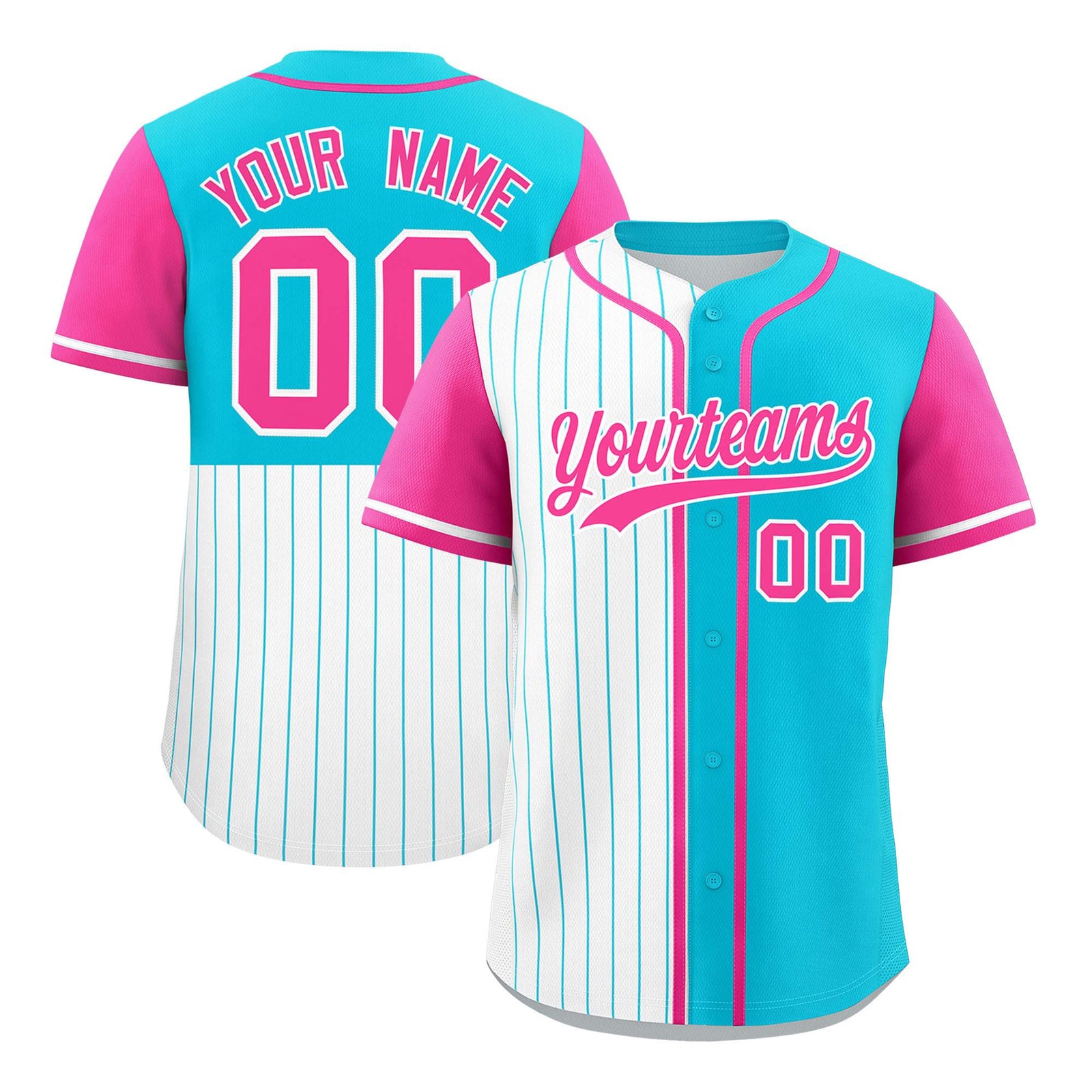 Custom White Sky Blue and Pink Pinstripe Personalized Raglan Sleeves Authentic Baseball Jersey