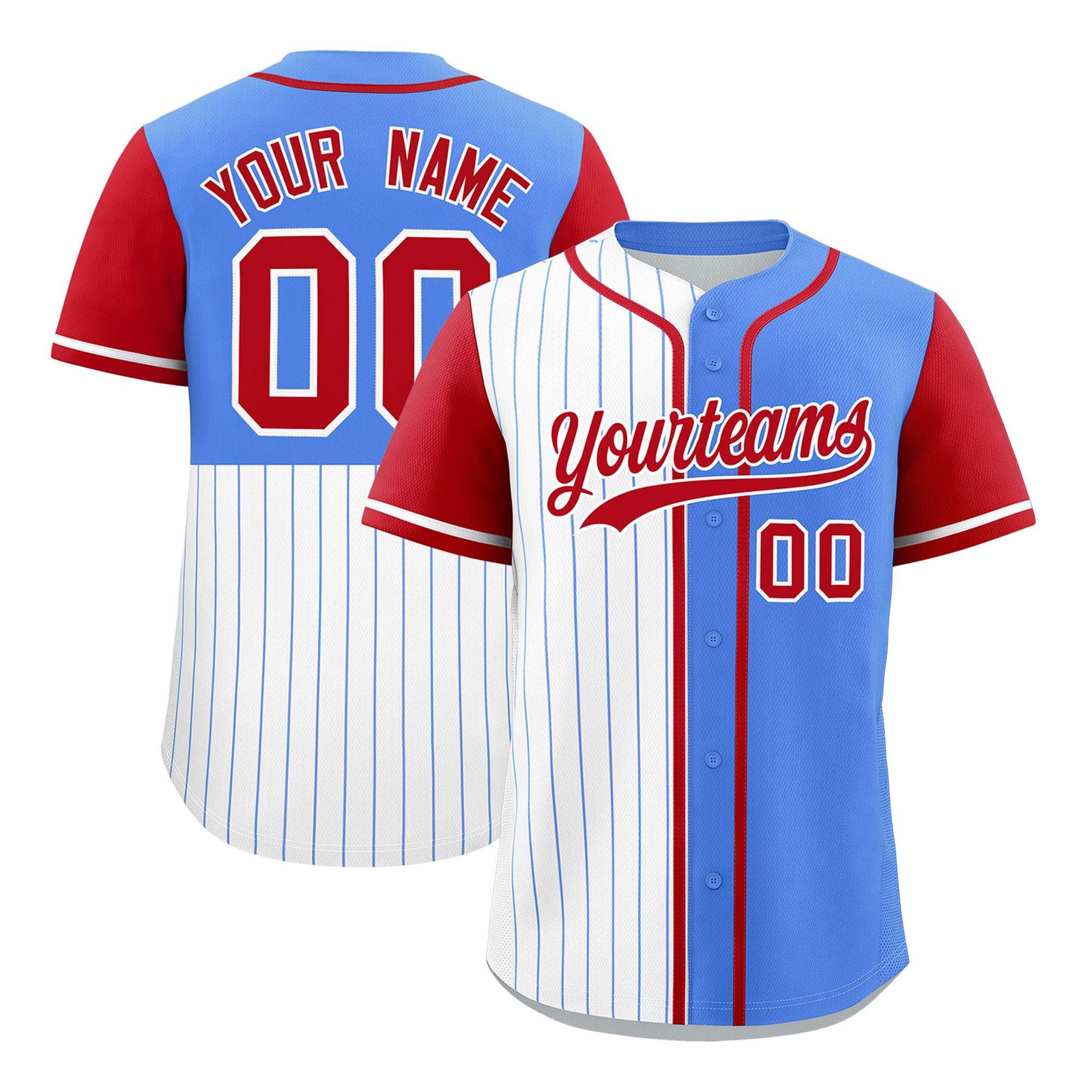 Custom White Powder Blue and Red Pinstripe Personalized Raglan Sleeves Authentic Baseball Jersey
