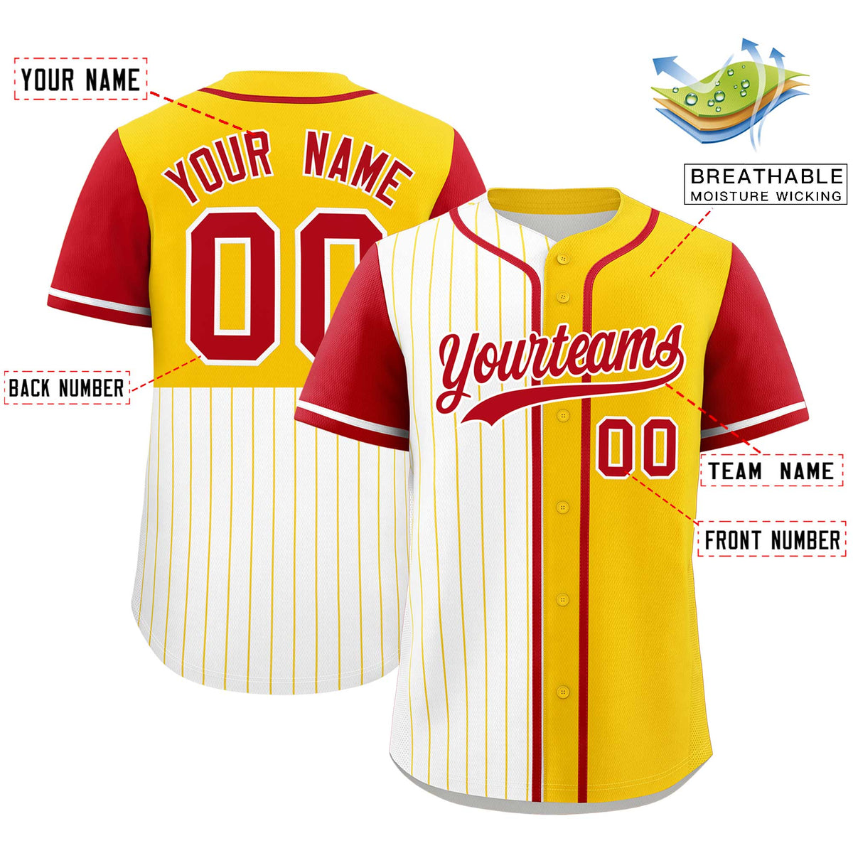 Custom White Gold and Red Pinstripe Personalized Raglan Sleeves Authentic Baseball Jersey
