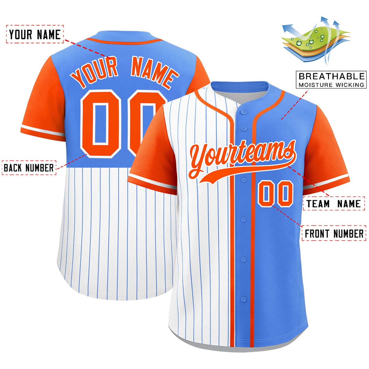 Custom White Powder Blue and Orange Pinstripe Personalized Raglan Sleeves Authentic Baseball Jersey