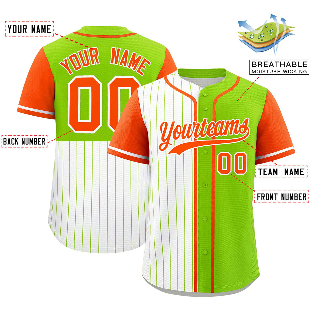 Custom White Neon Green and Orange Pinstripe Personalized Raglan Sleeves Authentic Baseball Jersey