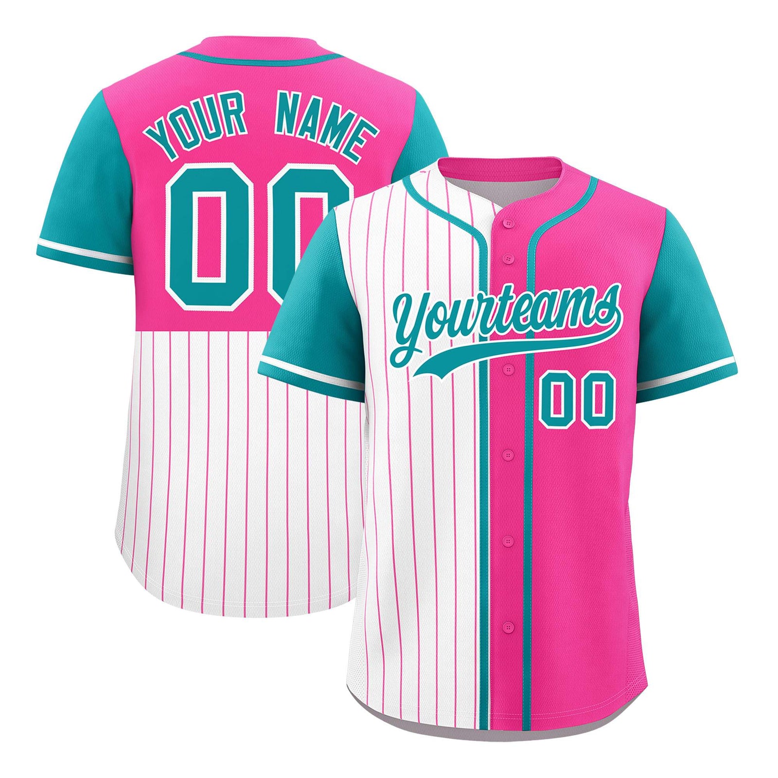 Custom White Pink and Aqua Pinstripe Personalized Raglan Sleeves Authentic Baseball Jersey