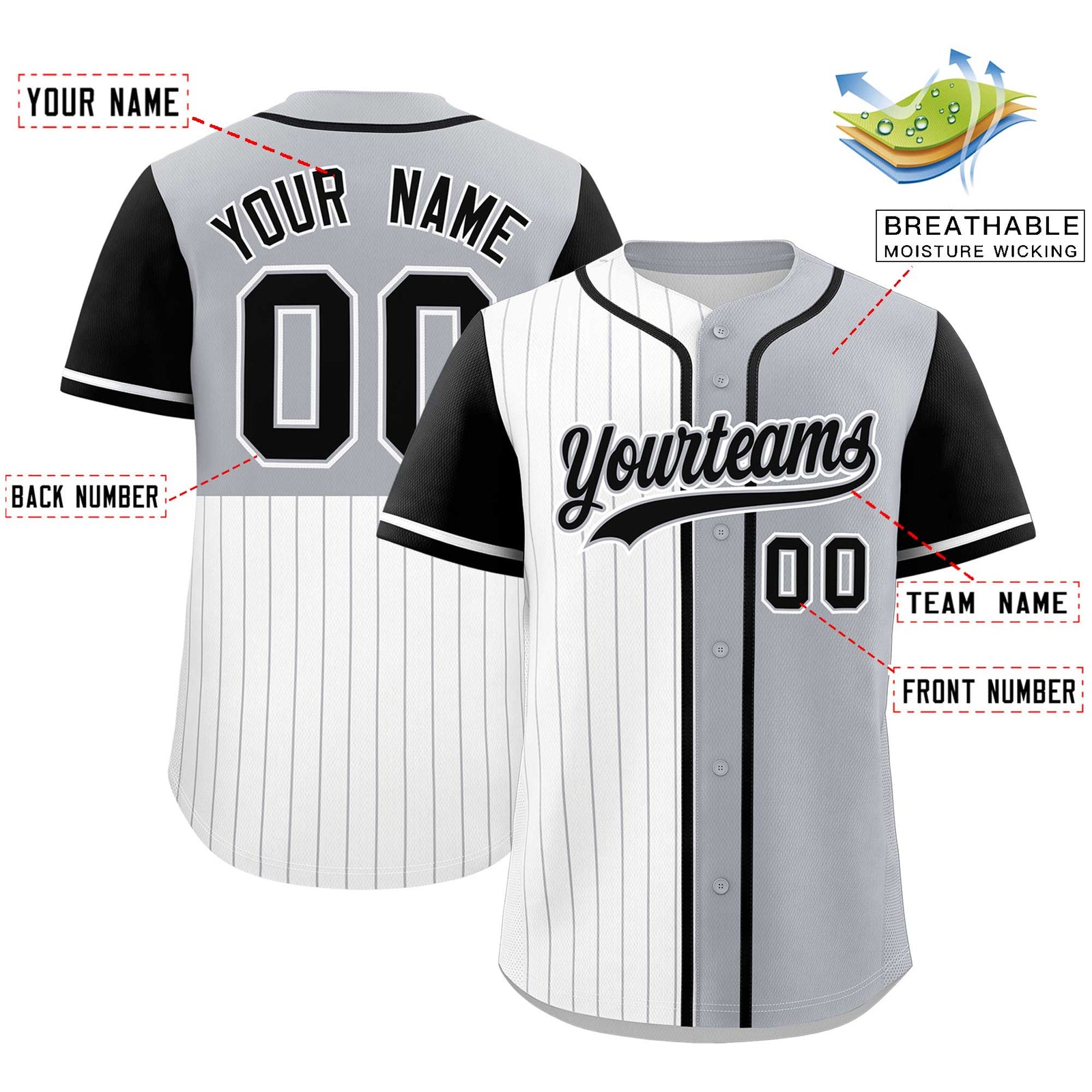 Custom White Gray and Black Pinstripe Personalized Raglan Sleeves Authentic Baseball Jersey